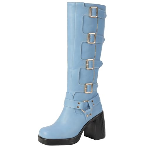 XIEPP Kniehohe Damen Stiefel mit Metallschnalle Comfort Bikerstiefel mit Weichem Schaft und Klobigen Absatz von XIEPP