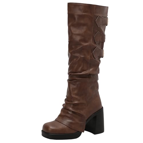 XIEPP Kniehohe Retro-Stiefel für Damen mit Seitlichen Metallschnallen - Hineinschlüpfen und leicht zu tragen, Klobiger Absatz, Warmes Futter, um Verschiedene Wintermode-Looks zu Kreieren von XIEPP