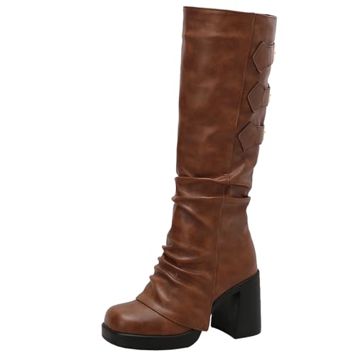 XIEPP Kniehohe Retro-Stiefel für Damen mit Seitlichen Metallschnallen - Hineinschlüpfen und leicht zu tragen, Klobiger Absatz, Warmes Futter, um Verschiedene Wintermode-Looks zu Kreieren von XIEPP