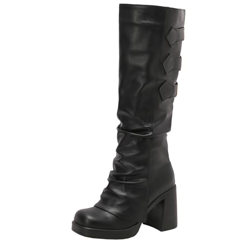 XIEPP Kniehohe Retro-Stiefel für Damen mit Seitlichen Metallschnallen - Hineinschlüpfen und leicht zu tragen, Klobiger Absatz, Warmes Futter, um Verschiedene Wintermode-Looks zu Kreieren von XIEPP