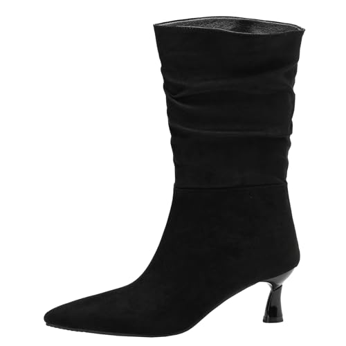 XIEPP Kurze Damenstiefel, Spitze Stiefeletten mit Kitten-Heel, Bequemer Warm Gefütter, Trendiger Slouch-Stil, Geeignet für Tägliche und Formelle Anlässe von XIEPP