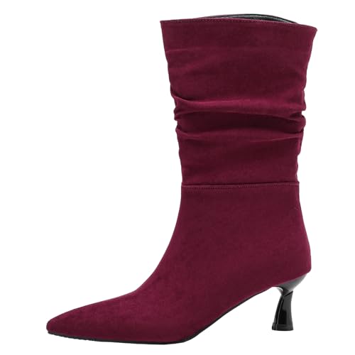 XIEPP Kurze Damenstiefel, Spitze Stiefeletten mit Kitten-Heel, Bequemer Warm Gefütter, Trendiger Slouch-Stil, Geeignet für Tägliche und Formelle Anlässe von XIEPP
