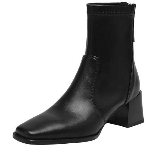 XIEPP Kurze Damenstiefel mit Blockabsatz Retro Quadratische Zehenpartie Stiefeletten mit Reißverschluss für Lässige Outfits von XIEPP