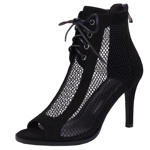 XIEPP Kurze Damenstiefel mit Offener Zehenpartie mit Stilettoabsatz Verstellbare Schnürung und Praktischer Reißverschluss Stiefeletten von XIEPP