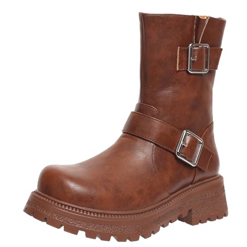 XIEPP Kurze Damenstiefel mit Runder Zehenpartie, Plateau-Kampfstiefeletten mit Blockabsatz, Bequem Warm Gefüttert, Geeignet für Tägliche und Formelle Anlässe von XIEPP