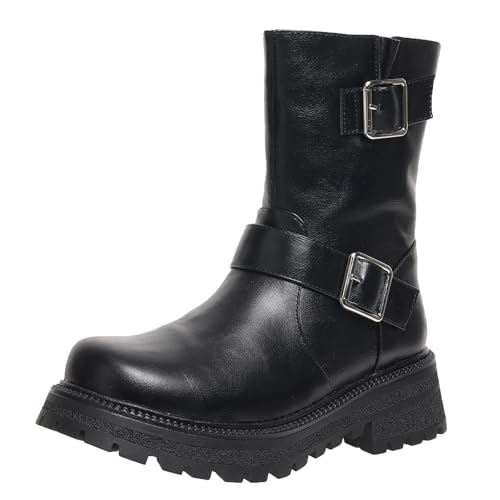 XIEPP Kurze Damenstiefel mit Runder Zehenpartie, Plateau-Kampfstiefeletten mit Blockabsatz, Bequem Warm Gefüttert, Geeignet für Tägliche und Formelle Anlässe von XIEPP