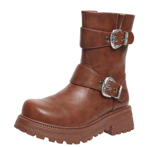 XIEPP Kurze Plateaustiefel mit Runder Zehenpartie, Warme Kampfstiefel für den Herbst und Winter von XIEPP