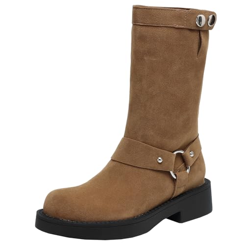 XIEPP Lässige Damen Kurze Stiefel mit Runder Zehenpartie Comfort Bikerstiefel zum Hineinschlüpfen mit Blockabsatz für Herbst und Winter von XIEPP