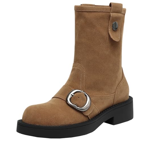 XIEPP Lässige Damen Kurze Stiefel mit Runder Zehenpartie Slip-On Bikerstiefel für Herbst und Winter von XIEPP