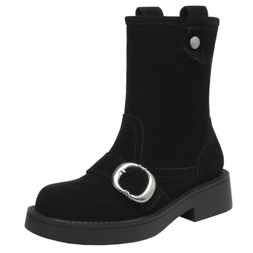 XIEPP Lässige Damen Kurze Stiefel mit Runder Zehenpartie Slip-On Bikerstiefel für Herbst und Winter von XIEPP