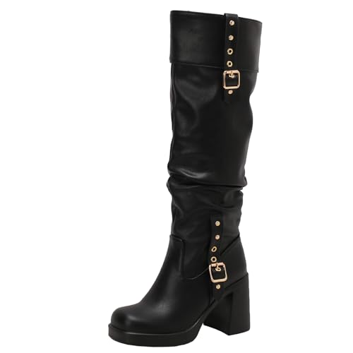 XIEPP Lässige Kniehohe Stiefel für Damen Lange Stiefel mit Klobigen Absätzen und Plissee-Stiefeln Kreieren Verschiedene Wintermode-Looks von XIEPP