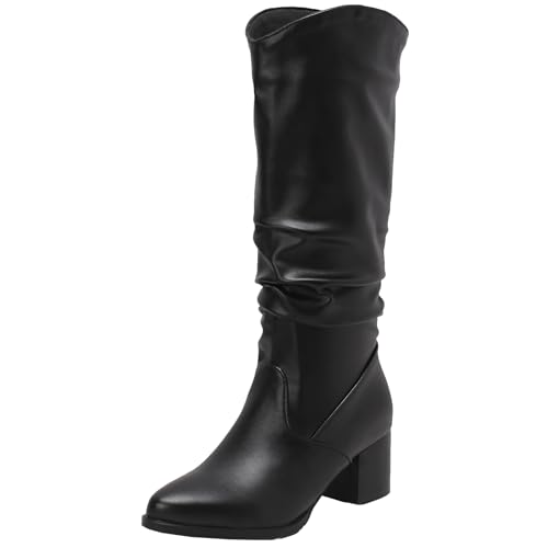 XIEPP Lässige Kniehohe Stiefel zum Hineinschlüpfen für Damen Slouch Bikerstiefel von XIEPP