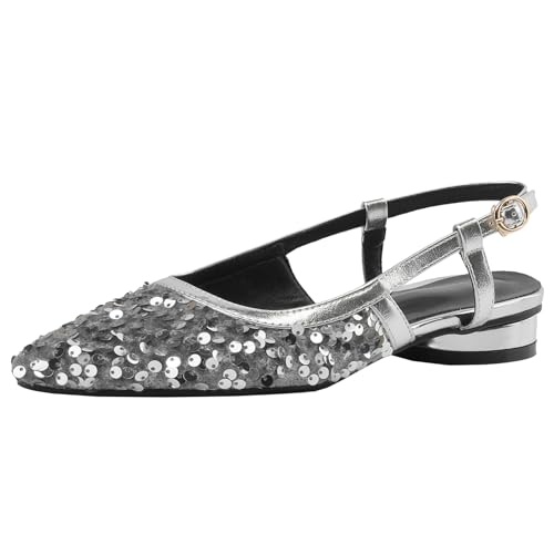 XIEPP Leichte Slingback-Sandalen mit Spitzer Zehenpartie für Damen Paillettenschuhe mit Niedrigem Blockabsatz XIEPP Leichte Slingback-Sandalen mit Spitzer Zehenpartie für Damen Paillettenschuhe mit Niedrigem Blockabsatz von XIEPP