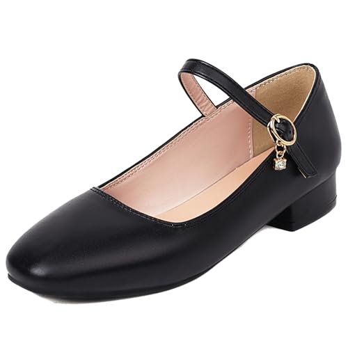 XIEPP Mary Jane Damenschuhe mit niedrigem Blockabsatz, runder Zehenbereich, mit Schnalle, Schwarz , 36 EU von XIEPP