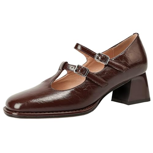 XIEPP Mary Jane High Heels mit Schnallenverschluss und Klobigen Absatzabsätzen für Damen mit Runder Zehenpartie von XIEPP