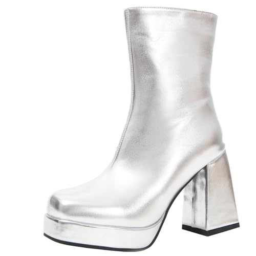 XIEPP Mit Kunstpelz Gefütterte Damen-Plateaustiefeletten Stiefeletten mit Quadratischer Zehenpartie und Klobigen Absatz mit Reißverschluss von XIEPP