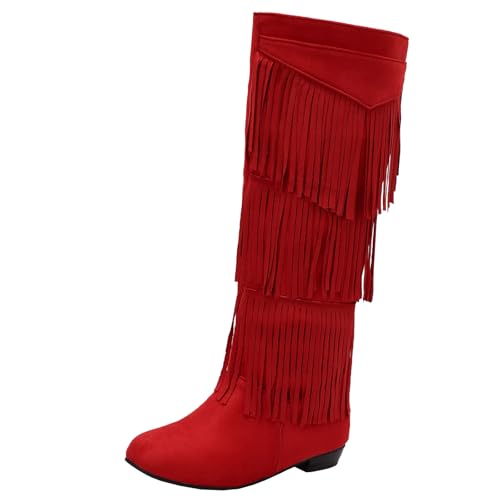 XIEPP Modische Damenstiefel mit Fransendetails - Niedriger grober Absatz, Vielseitig für Kleid und Hose, für die Kalte Jahreszeit von XIEPP