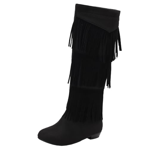 XIEPP Modische Damenstiefel mit Fransendetails - Niedriger grober Absatz, Vielseitig für Kleid und Hose, für die Kalte Jahreszeit von XIEPP