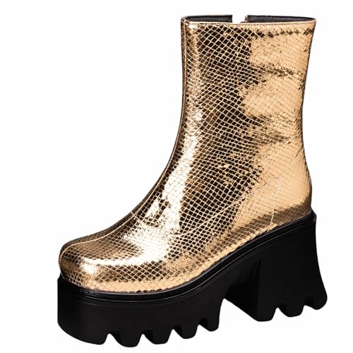 XIEPP Plateau-Stiefeletten für Damen für Winter und Herbst Stiefeletten mit Klobigen Absätzen und Runder Zehenpartie mit Reißverschluss von XIEPP