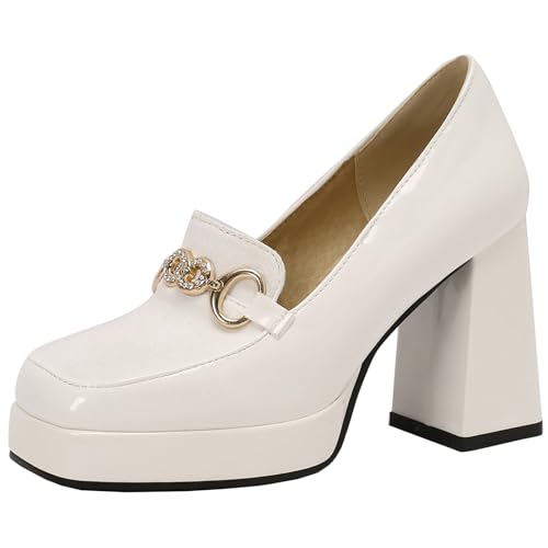 XIEPP Slip-Ons mit Klobigen Fersen für Damen - Plateau-Pumps mit Eckiger Zehenpartie, Arbeits-/Partyschuhe von XIEPP