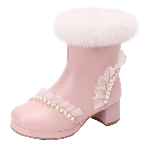 XIEPP Süße Damen Stiefeletten mit Blockabsatz Warme Winter Stiefel mit Reißverschluss und Knopfleiste von XIEPP