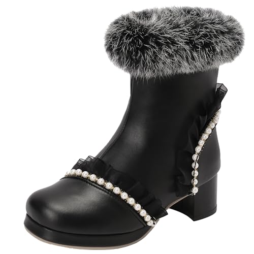 XIEPP Süße Damen Stiefeletten mit Blockabsatz Warme Winter Stiefel mit Reißverschluss und Knopfleiste von XIEPP