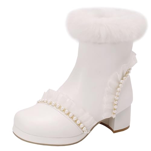 XIEPP Süße Damen Stiefeletten mit Blockabsatz Warme Winter Stiefel mit Reißverschluss und Knopfleiste von XIEPP