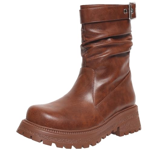XIEPP Trendige Kurze Stiefel im Slouch-Stil für Damen, Stiefeletten mit Runder Zehenpartie und Blockabsatz, Geeignet für Tägliche und Formelle Anlässe von XIEPP