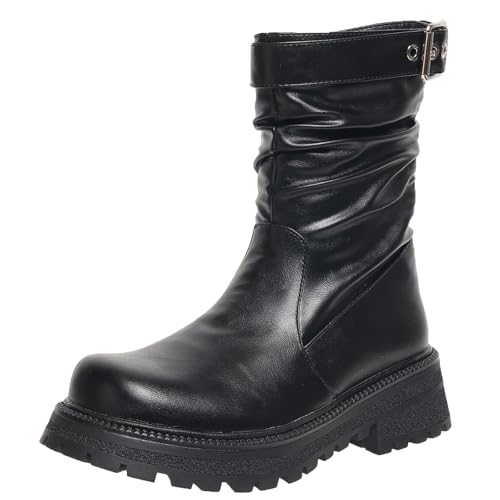 XIEPP Trendige Kurze Stiefel im Slouch-Stil für Damen, Stiefeletten mit Runder Zehenpartie und Blockabsatz, Geeignet für Tägliche und Formelle Anlässe von XIEPP