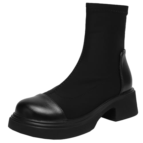 XIEPP Vielseitige Elastische Damenstiefeletten mit Blockabsatz und Reißverschluss mit Runder Zehenpartie für Street-/Retro-Looks von XIEPP