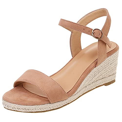 XIEWANG Keilsandalen für Damen, offene Zehen, Knöchelriemen, Plateau-Espadrilles, Keilabsatzschuhe, Nackt Rosa a, 39.5 EU von XIEWANG