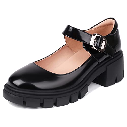 XIEWANG Damen Plateau Mary Jane Schuhe Runde Zehe Mid Chunky Heel Schwarz Schulschuhe, Schwarz, matt, 39.5 EU von XIEWANG