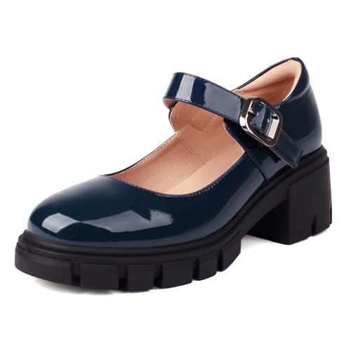 XIEWANG Damen Plateau Mary Jane Schuhe Runde Zehe Mid Chunky Heel Schwarz Schulschuhe, navy, 38 EU von XIEWANG