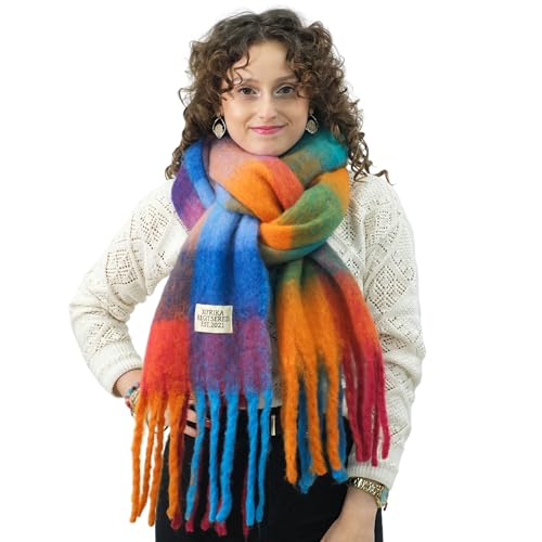 Xifrika Damenschal Winter XXL 248x39cm – Bunt Kariert – Weich, Warm, Extra Groß – 100 % Polyester mit Fransen – Für den täglichen Gebrauch von Xifrika
