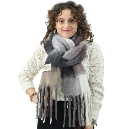 Xifrika Damenschal Winter XXL 248x39cm – Kariert in Grau und Weiß – Weich, Warm, Extra Groß – 100 % Polyester mit Fransen – Für den Alltag von Xifrika