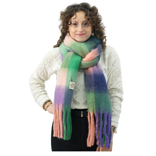 Xifrika Damenschal Winter XXL 248x39cm – Kariert in Grün und Lila – Weich, Warm, Extra Groß – 100 % Polyester mit Fransen – Für den Alltag von Xifrika