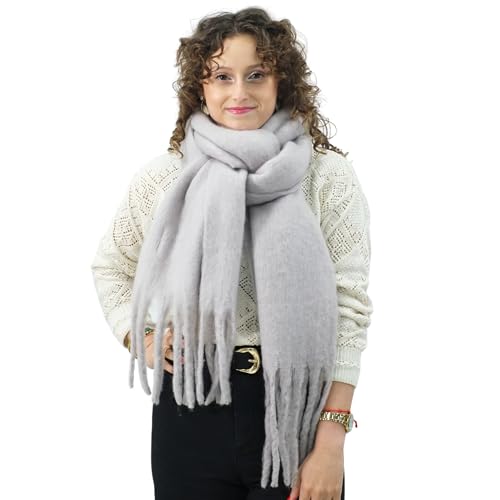 Xifrika Damenschal Winter XXL 248x39cm – Weicher und Warmer Schal aus 100 % Polyester mit Fransen – 28 Farben Uni oder Kariert – Ideal für den Alltag (Hellgrau) von Xifrika