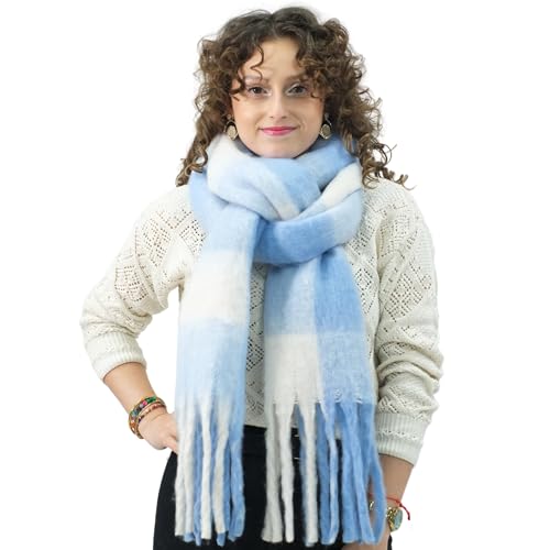 Xifrika Damenschal Winter XXL 248x39cm – Kariert in Blau und Weiß – Weich, Warm, Extra Groß – 100 % Polyester mit Fransen – Ideal für den Alltag von Xifrika