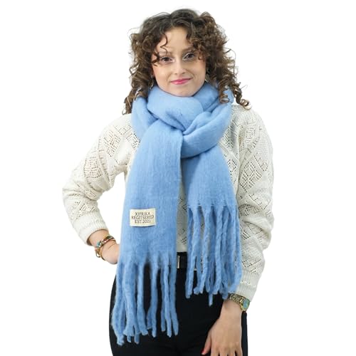 Xifrika Damenschal Winter XXL 248x39cm – Weicher und Warmer Schal aus 100 % Polyester mit Fransen – 28 Farben Uni oder Kariert – Ideal für den Alltag (Hellblau) von Xifrika