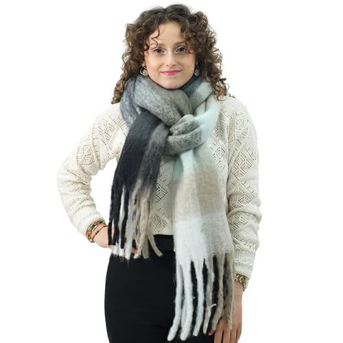 Xifrika Damenschal Winter XXL 248x39cm – Kariert in Grün und Weiß – Weich, Warm, Extra Groß – 100 % Polyester mit Fransen – Für den täglichen Gebrauch von Xifrika