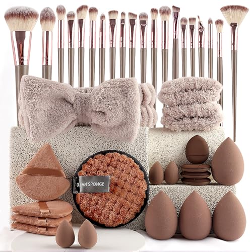 40 Stück Pinselset Makeup Foundation Lidschatten Kosmetikpinsel Schwamm für Foundation, Make-up-Applikatoren Highlights, Konturen Pinselset Makeup(Braun) von XIFUHUI