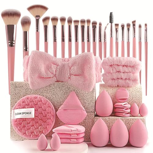 40 Stück Pinselset Makeup Foundation Lidschatten Kosmetikpinsel Schwamm für Foundation, Make-up-Applikatoren Highlights, Konturen Pinselset Makeup(Rosa) von XIFUHUI