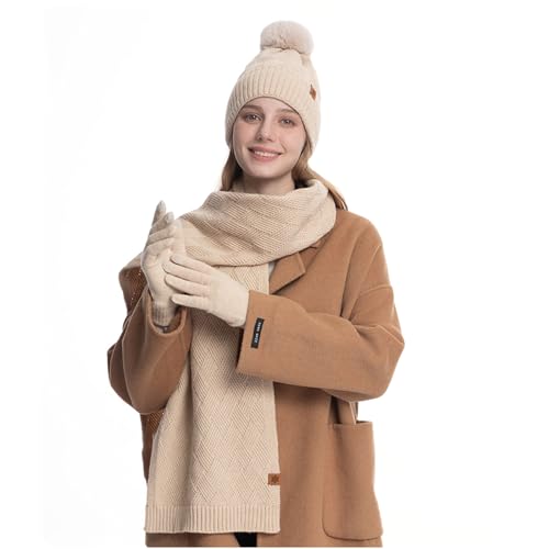 XIFUHUI Wintermütze Schal Handschuhe Damen Winter Warmes Langer Schal Beanie Mütze Strickmütze Winterschal Winterhandschuhe Damen 3-in-1 (Beige) von XIFUHUI