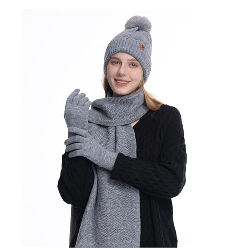 XIFUHUI Wintermütze Schal Handschuhe Damen Winter Warmes Langer Schal Beanie Mütze Strickmütze Winterschal Winterhandschuhe Damen 3-in-1 (Grau) von XIFUHUI