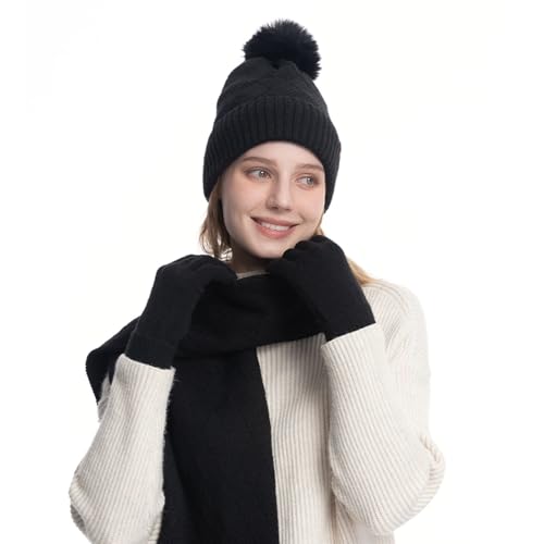 XIFUHUI Wintermütze Schal Handschuhe Damen Winter Warmes Langer Schal Beanie Mütze Strickmütze Winterschal Winterhandschuhe Damen 3-in-1 (Schwarz) von XIFUHUI