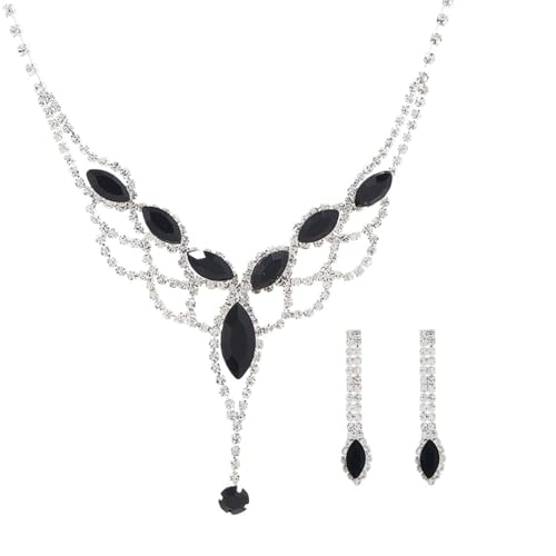 XIGAWAY Brautschmuck Halskette und Ohrringe Set Schwarz Kristall Tropfen Fransen Choker mit Blatt Design für Frauen von XIGAWAY