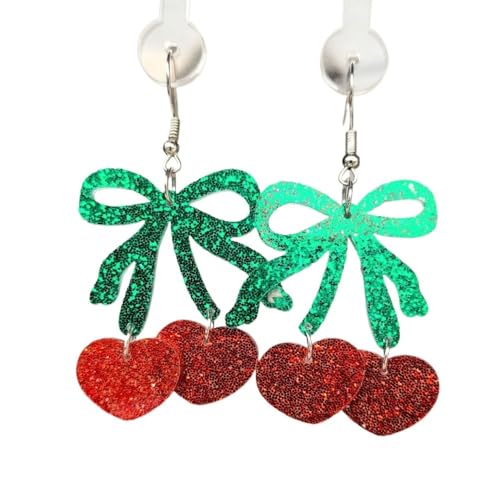 XIGAWAY Damen Kirsche Herz Ohrringe mit Schleife Design Acryl Obst Thema Ohr Zubehör für Valentinstag, S, Acryl, Kein Edelstein von XIGAWAY