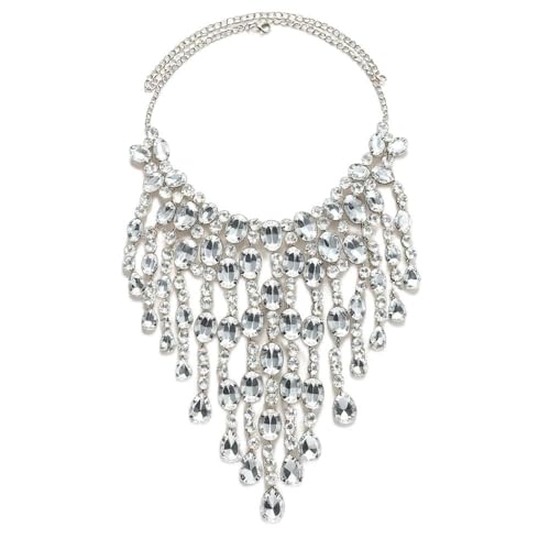 XIGAWAY Geschichtete Fransen-Tropfen-Strass-Halskette, übertriebener Wasserfall-Statement-Choker für Frauen, 1, Strass, Kein Edelstein von XIGAWAY