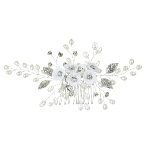 XIGAWAY Handgefertigter Perlen-Haarkamm mit Blumenmuster, weißer Kristall, Brautschmuck, mit ethnischem Design von XIGAWAY