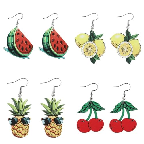 XIGAWAY Holzfrüchte baumelnde Ohrringe, Wassermelone, Zitrone, Ananas, Kirsche, doppelseitige Tropfenohrringe für Frauen, S, Holz, Kein Edelstein von XIGAWAY